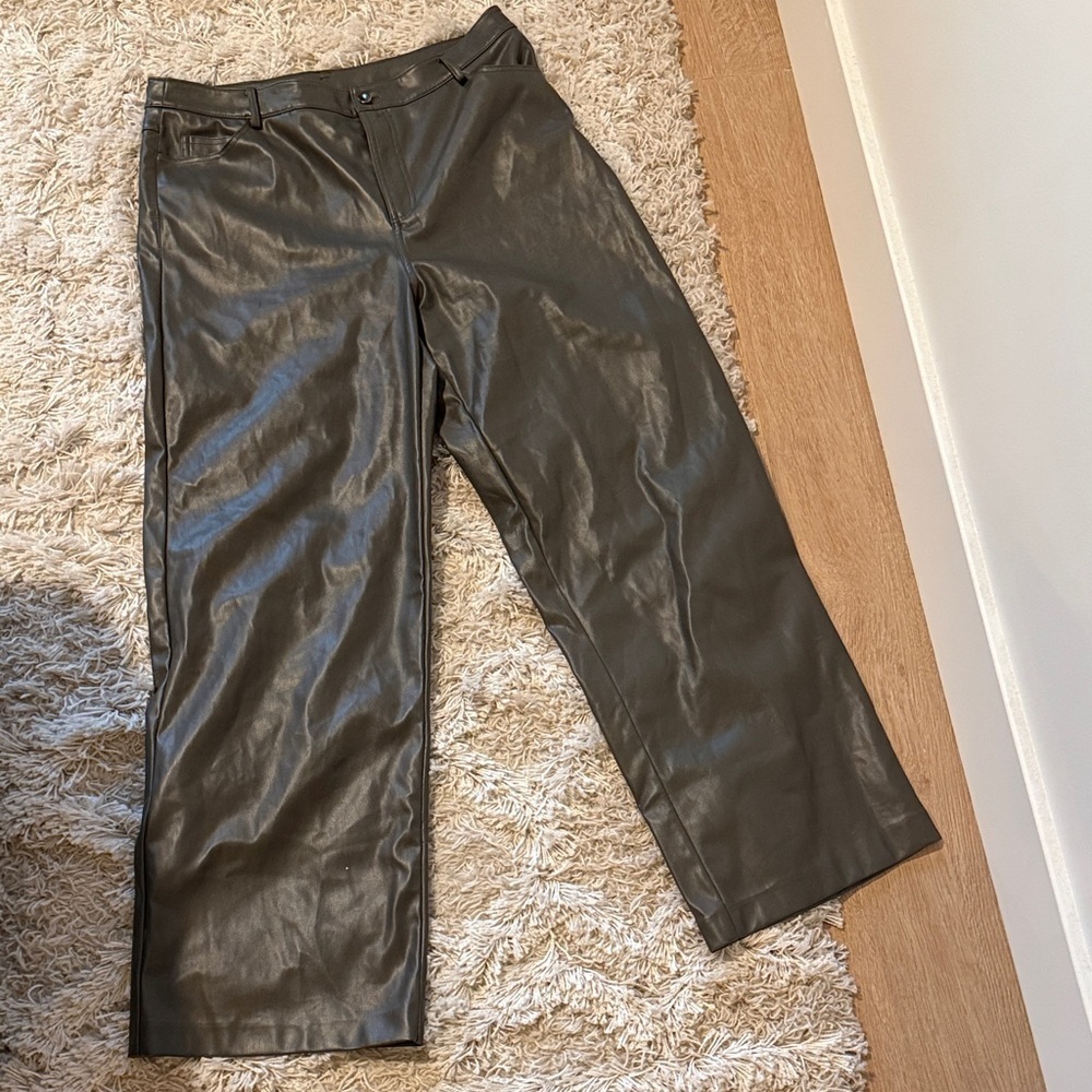 Wayf Olive Faux Leather Wide Leg Pants L High Waist Y2K Trousers